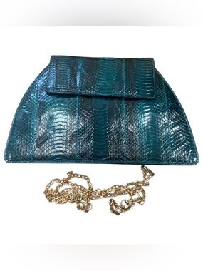 Vintage J Renee Turquoise & Black Glossy Snakeskin Shoulder Bag or Clutch